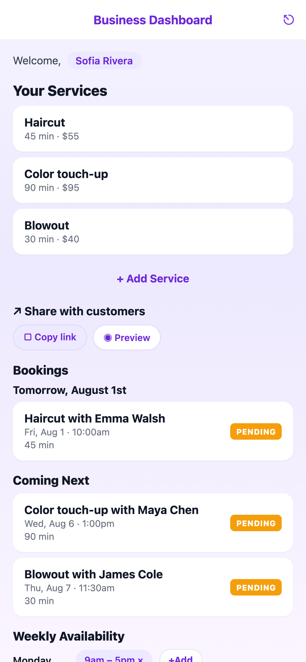 Salon owner dashboard — services, bookings, and share link