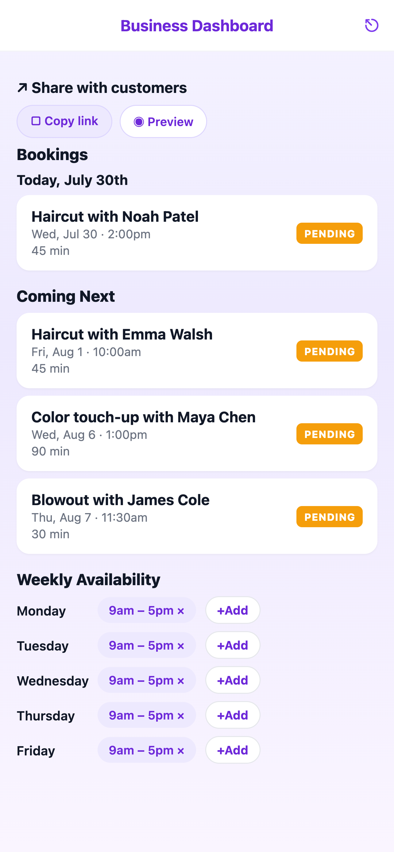 Hair salon booking requests and weekly hours